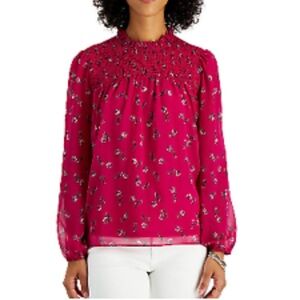 Charter Club Floral Chiffon Beautiful Lined Ruched Neck LS Blouse - Size PP